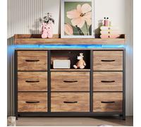 Buffet de salon,Buffet bas 8 tiroirs 1 étagère,LED intégré,Meuble TV 108x30x82 cm,Commode,Meuble de rangement,Cadre métal,Brun