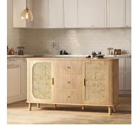 Buffet design contemporain 2 portes 2 tiroirs L140 cm - Façade cannage rotin effet bois naturel