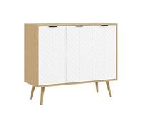 Buffet design scandinave 3 portes 2 étagères piètement bois de pin panneaux portes motif chevrons blanc aspect bois clair