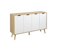 Buffet design scandinave 4 portes 2 étagères piètement bois de pin panneaux portes motif chevrons blanc aspect bois clair