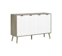 Buffet design scandinave 4 portes 2 étagères piètement bois de pin panneaux portes motif chevrons blanc aspect bois gris