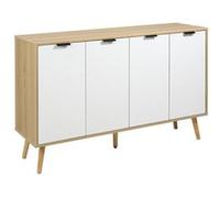 Buffet design scandinave 4 portes 2 étagères piètement bois de pin panneaux portes motif chevrons blanc aspect bois clair Blanc G