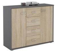 Buffet ELODIE, commode meuble de rangement avec 4 tiroirs et 2 portes, en mélaminé gris mat et décor chêne sonoma gris/chêne sonoma G