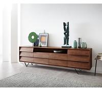 Buffet Eloi 240x40 cm acacia brun 2 portes 6 tiroirs pied en V noir