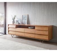 Buffet Eloi 240x40 cm acacia naturel 2 portes 6 tiroirs pied en V inox
