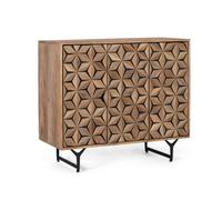Buffet en Bois de Mango Massif avec Portes Sculptées à la Main, Design Contemporain Rustique sur Pieds en Fer Noir - 3 Portes, Étagères Intérieures