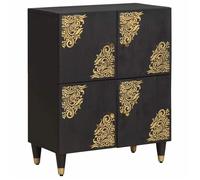 Buffet en bois de mangue - vidaXL - Noir - 60x33x75 cm - Design doré imprimé - Boutons en laiton - 4 portes - Étagère