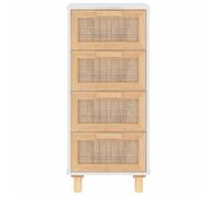 Buffet en bois de pin et rotin - WIENS - 40x30x90 cm - Blanc - Bois de pin massif - Rotin naturel - 4 tiroirs