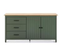Buffet en pin massif décor ciré chêne et vert, meuble de rangement - Longueur 150 x Profondeur 40 x Hauteur 80 cm
