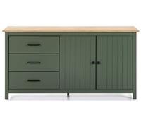 Buffet en pin massif décor ciré chêne et vert, meuble de rangement - Longueur 150 x Profondeur 40 x Hauteur 80 cm--