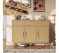 Buffet en Rotin, Armoire de Cuisine avec 3 Portes et 3 Tiroirs, Meuble de Rangement, Moderne Buffet Salon, 107,9x40x80cm, Chêne