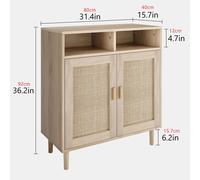 Buffet en rotin - Buffet de cuisine à 2 portes - Design Mid-Century - Espace de rangement avec étagère de 80 cm - Bois massif et MDF - Chêne naturel