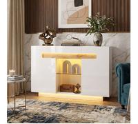 Buffet Enfilade 120x40x80cm LED App Design Soigné Laqué avec Étagère en Verre Meuble de Rangement - Blanc et Bois
