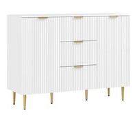 HOMCOM Buffet 3 tiroirs, étagères réglables, portes cannelées, pieds métal – 120×40×90 cm, blanc