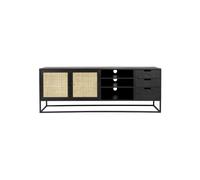 Buffet enfilade en bois noir, 2 portes, 3 tiroirs, étagère, rotin, verrou magnétique, style Japandi - White Label, Guuji - 150x38x55 cm