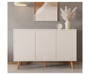 Buffet Enfilade RENZO - Design 3D Strié - 3 Portes Push-to-Open - L 120 cm - Blanc Mat - Pieds 15 cm - Style Scandinave
