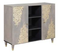 Buffet gris et doré en bois de manguier massif, 90 x 33 x 75 cm, avec espace de rangement et accents en laiton, pour salon, meuble bas moderne et rangement