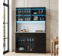 Buffet Haut 120x40x180cm - Grand Vaisselier LED - Vitrine Cuisine Salon - Centre Effet Marbre - Meuble Rangement MDF Noir Blanc