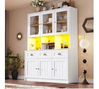Buffet haut 140×40×175 cm avec eclairage LED réglable et vitrine, Buffet de cuisine avec étagères réglables, Buffet salon en blanc