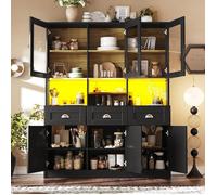 Buffet haut 140×40×175 cm avec eclairage LED réglable et vitrine, Buffet de cuisine avec étagères réglables, Buffet salon en noir