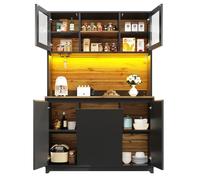 Buffet Haut 180cm Noir,Armoire de cuisine moderne avec Portes acryliques,Éclairage LED multicolore,Compartiment poubelle intégré