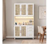 Buffet haut 183 cm design contemporain, blanc brillant et rotin tressé, poignées dorées, éclairage LED connecté