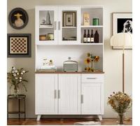 Buffet Haut 190 cm Blanc Effet Bois avec Portes Vitrées et Rangements Vaisselier pour Salon et Salle à Manger