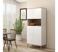 Buffet haut 4 portes 3 étagères réglables grande niche bois pin panneaux blanc aspect chêne clair