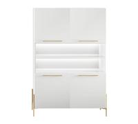 AltoBuy Buffet Haut 4 Portes laqué Blanc Pieds et poignées métal doré + LEDs - Carat
