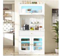 Buffet haut - 80×40×180 cm - Verre cannelé - Étagères réglables - Éclairage LED multimoode