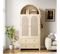 Buffet Haut 80 x 40 x 180 cm, Armoire de Rangement Effet Cannage en Arc, 2 Portes 3 Tiroirs, Style Vintage, Chêne