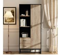 Buffet haut 80 x 40 x 180 cm avec 1 porte, 2 tiroirs et 3 niches ouvertes, décor bois et noir, MDF