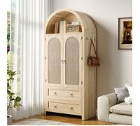 Buffet haut 80x40x180 cm style vintage en MDF décor chêne avec portes aspect rotin, 2 tiroirs et crochets latéraux