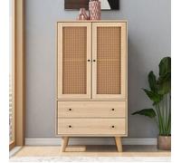 Buffet Haut avec 2 Portes et 2 Tiroirs, Meuble De Rangement Salon Chambre, Style Rotin, Couleur Bois Chêne, 120 x 60 x 40 cm