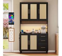 Buffet Haut avec 2 Ports USB et Prises, Buffet Salle a Manger Rangement, Vaisselier Cuisine, LED Commandé par App, Noir et Bois