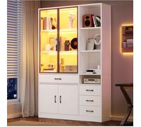 Buffet haut blanc avec vitrine en verre LED, 120 x 35 x 200 cm, 4 tiroirs et 13 espaces de rangement