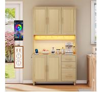 Buffet Haut Bois avec 2 Ports USB et 2 Prises, Buffet Cuisine Rangement,Vaisselier Salle a Manger,LED Commandé par App,100×40×183cm