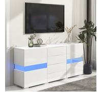Buffet Haut Brillant avec LED 16 Couleurs,4 Tiroirs Et Meuble TV Multifonction,MDF,Blanc