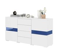 Buffet Haut Brillant avec LED 16 Couleurs, Meuble TV avec 4 Tiroirs, Compartiments, MDF, Blanc