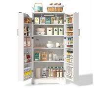 Buffet haut Cuisine,Armoires de Cuisine avec éclairage LED, 5 niveaux,10 étagères de porte,Montage facile,60×35×128cm,Blanc