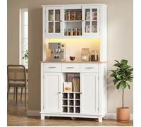 Buffet haut cuisine avec éclairage LED, vaisselier, 4 portes dont 2 en verre, tiroirs, porte-bouteilles, blanc