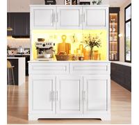 Buffet Haut Cuisine avec LED-Meuble de Rangement- Armoire-Vaisselier 6 Portes avec Plans de Travail et 2 Tiroirs-108x40x180cm-Blanc