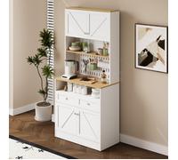 Buffet Haut Cuisine Blanc & Bois avec Portes Barn, 2 Tiroirs, étagères ouvertes et panneau perforé, Meuble Rangement Multifonction