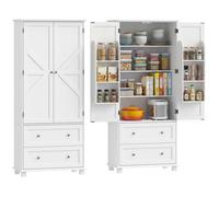 HOMCOM Buffet Haut Cuisine, Armoire de Cuisine, vaisselier, 2 Portes 2 tiroirs 6 Porte-Racks étagères réglables, Style Rustique, Meuble de Rangement pour Salon, Salle à Manger, 80x39,5x184,5cm, Blanc