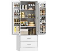 HOMCOM Buffet Haut Cuisine Vaisselier 2 Portes 60x40x159cm Blanc | Armoire de Cuisine, 4 Compartiments, 8 Porte-Épices, 2 Tiroirs, Étagères Réglables, Meuble Salon, Salle à Manger