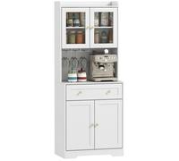 HOMCOM Buffet Haut Cuisine Vaisselier 4 Portes Tiroir 68x38x170cm Blanc | Armoire de Cuisine, 2 Portes en Verre, Plan de Travail, Étagères Réglables, Meuble de Rangement, Salon, Salle à Manger