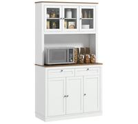 HOMCOM Buffet haut cuisine, armoire de cuisine, vaisselier, 6 portes dont 3 en verre, 2 tiroirs, plan de travail, étagères réglables, meuble de rangement pour salon salle à manger, 100x40x180cm, blanc