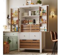 Buffet Haut Cuisine, Meuble de Rangement, Armoire, Vaisselier, avec 2 Portes et 5 Tiroirs, pour Salon, Cuisine, 80x40x140cm, Blanc
