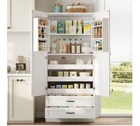 Buffet Haut Cuisine, Meuble de Rangement, Vaisselier, Armoire de Cuisine avec 3 étagères Coulissantes, 2 Tiroirs, 2 Portes, Blanc