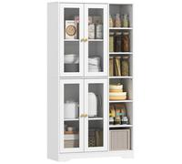 Buffet haut cuisine vaisselier vitrine 4 portes verre trempé fermeture douce 90x35x172cm Blanc